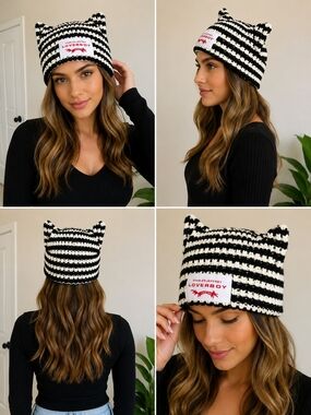 Black & White Striped Cat Ear Beanie